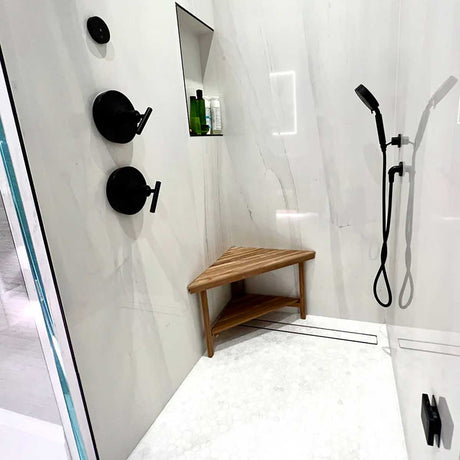 Extra large teak shower bench with storage shelf