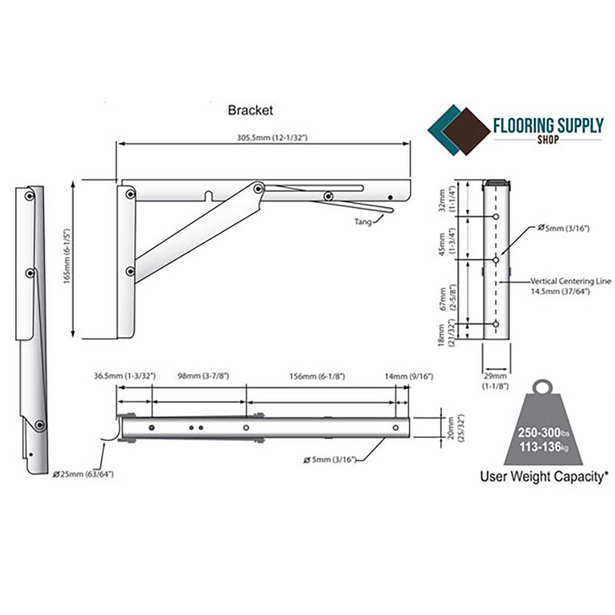 Teak wall mount folding bench installation diagram