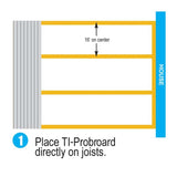 Diagram showing how to place TI-Proboard directly on joists with a 16-inch on-center spacing.