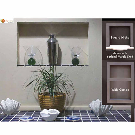 Decorative wall niche with vases and plants, featuring a square niche and wide combo options.