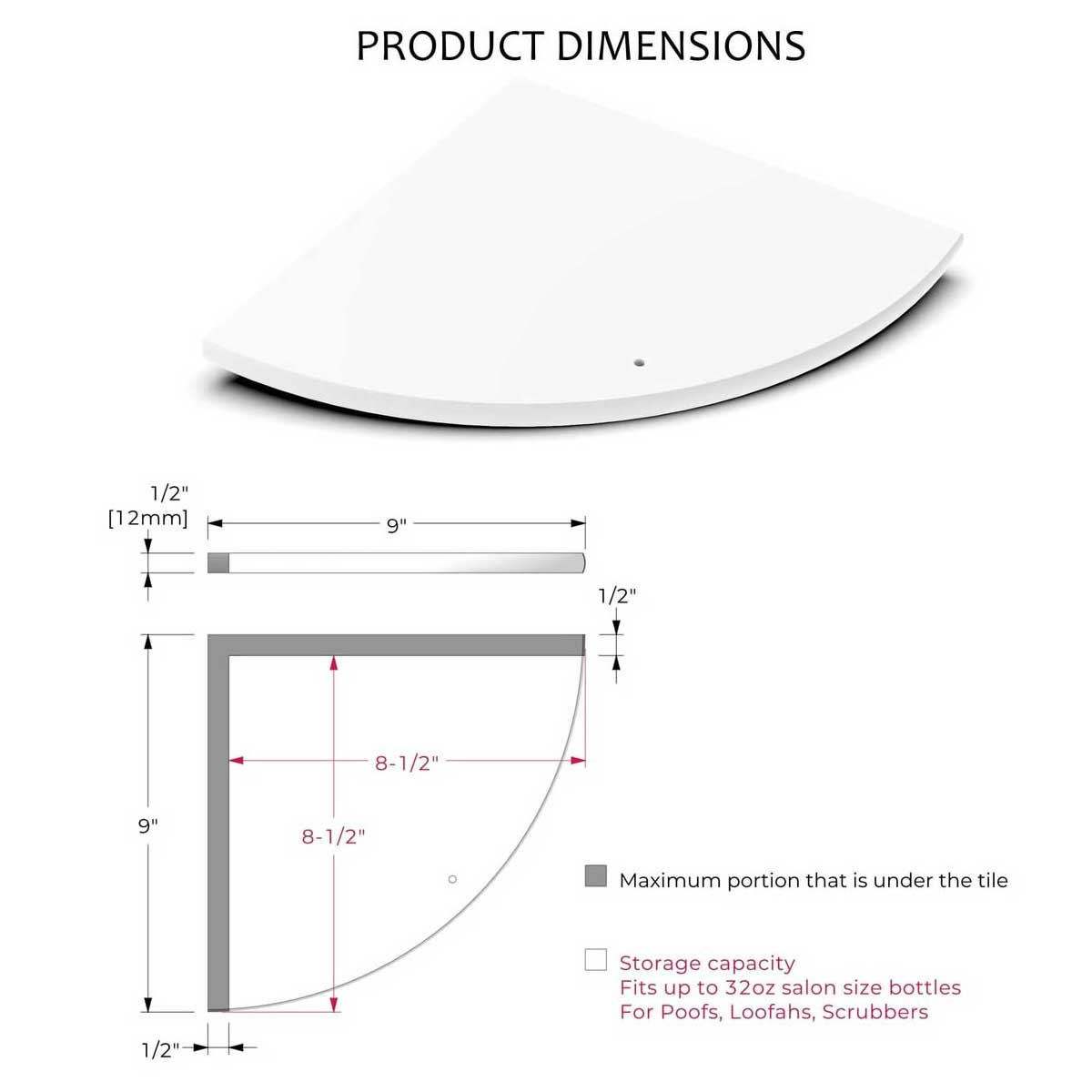 TileWare Boundless Shelving Solutions 9 inch Corner Shelf Diagram