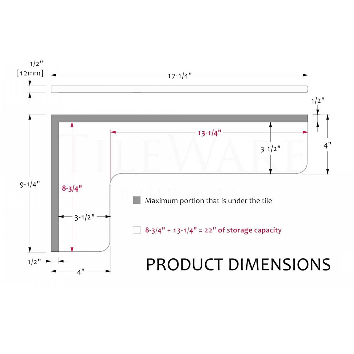 Product dimensions diagram with measurements in inches