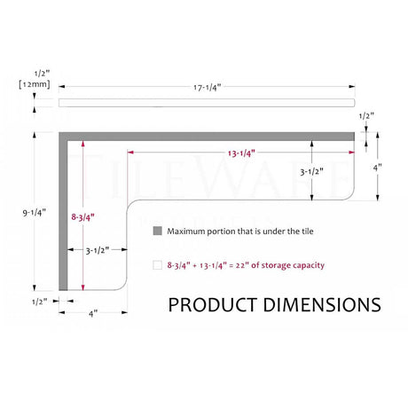 Product dimensions diagram with measurements in inches