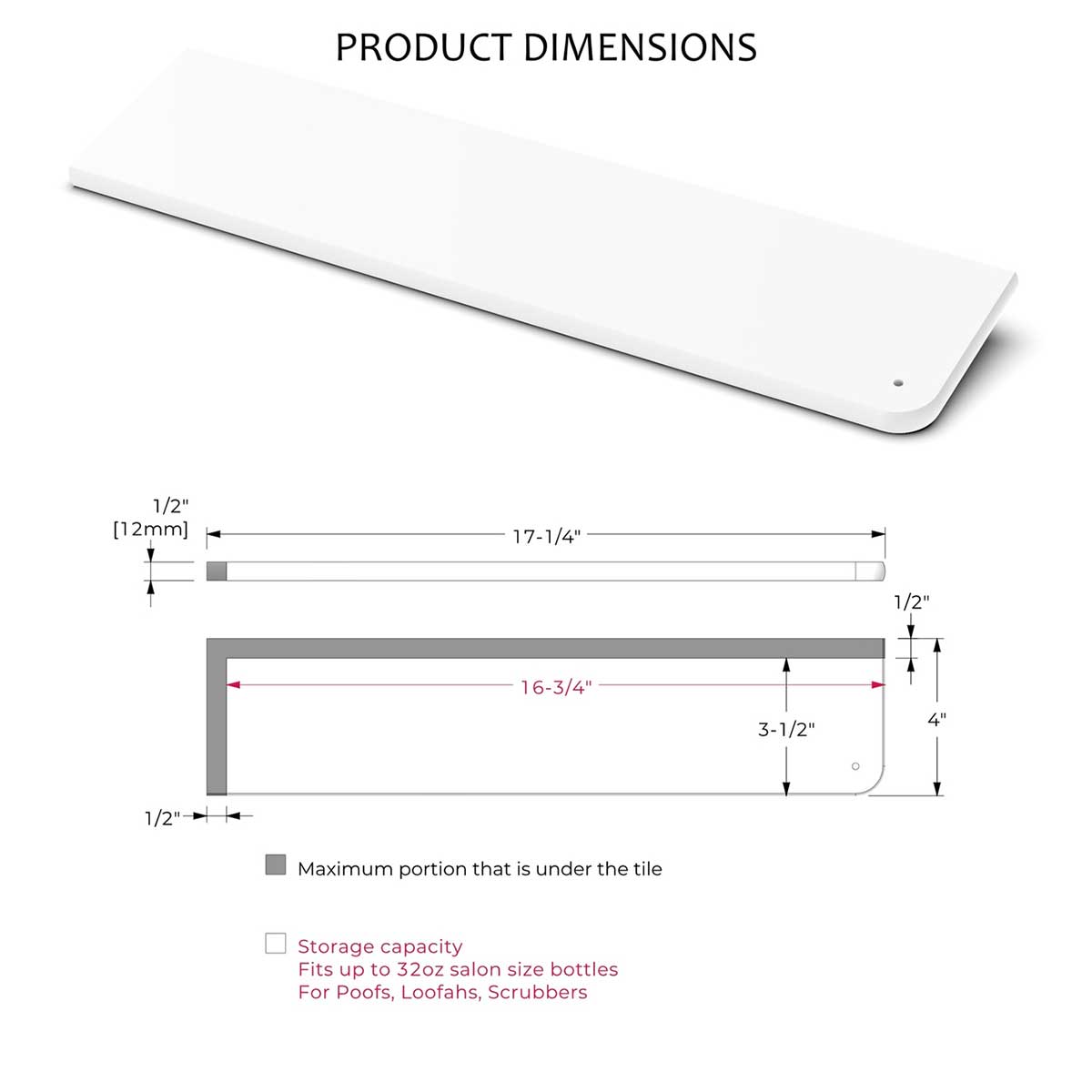 Product dimensions diagram with measurements for a rectangular item