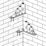 TileWare Boundless Shelving Solutions L Shape Shelf with bottles of different sizes on a tiled wall 