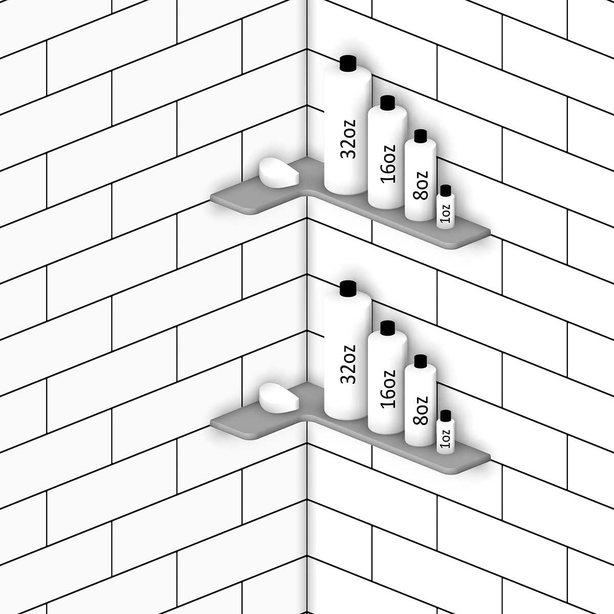 TileWare Boundless Shelving Solutions L Shape Shelf with bottles of different sizes on a tiled wall background