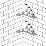 TileWare Boundless Shelving Solutions L Shape Shelf with bottles of different sizes on a tiled wall background