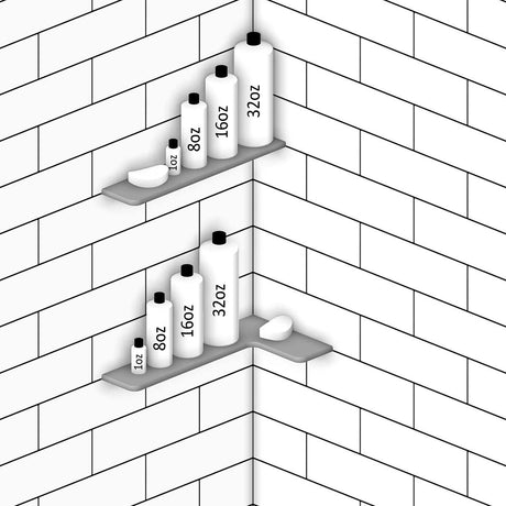 TileWare Boundless Shelving Solutions Rectangular shelf with bottles and bowls on a tiled wall