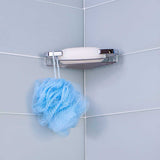TileWare Promessa Shallow Corner Soap Basket on a blue wall tile