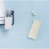 Tileware Promessa Series Hooks with hanging scrubbers on a light blue tiled wall.