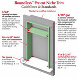 TileWare Boundless Pre-cut Niche Trim installation guidelines and spacing diagram