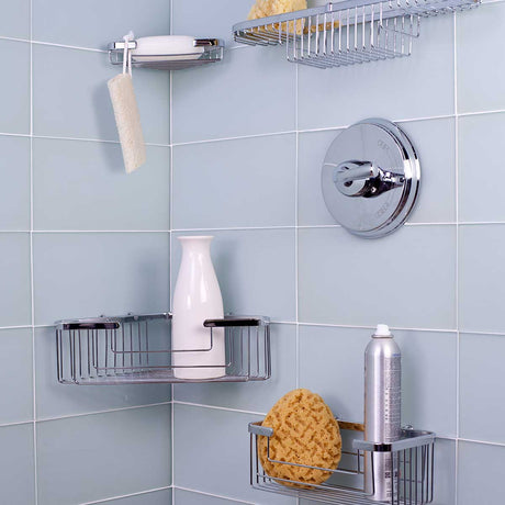 TileWare Promessa bathroom accessories show case install over blue wall tile