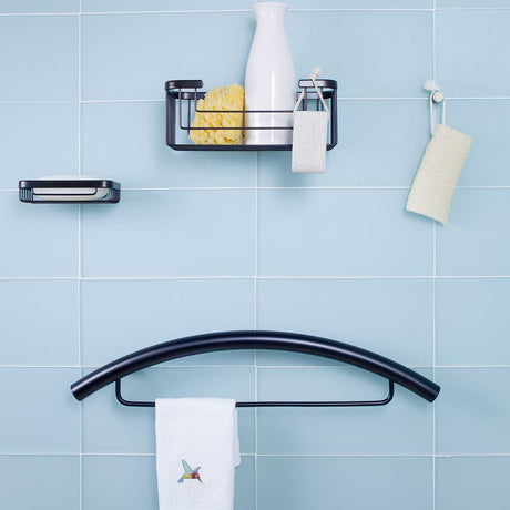 TileWare Promessa Rectangular Soap Basket with Towel bar on a blue tile wall