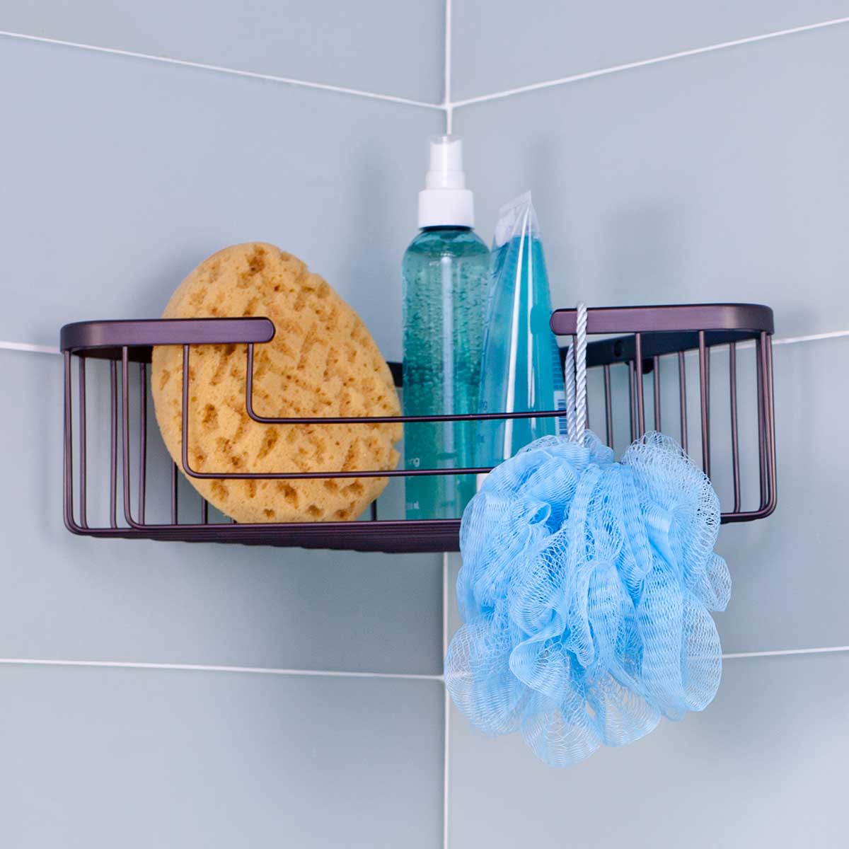 TileWare Promessa bathroom accessories show case install over blue wall tile