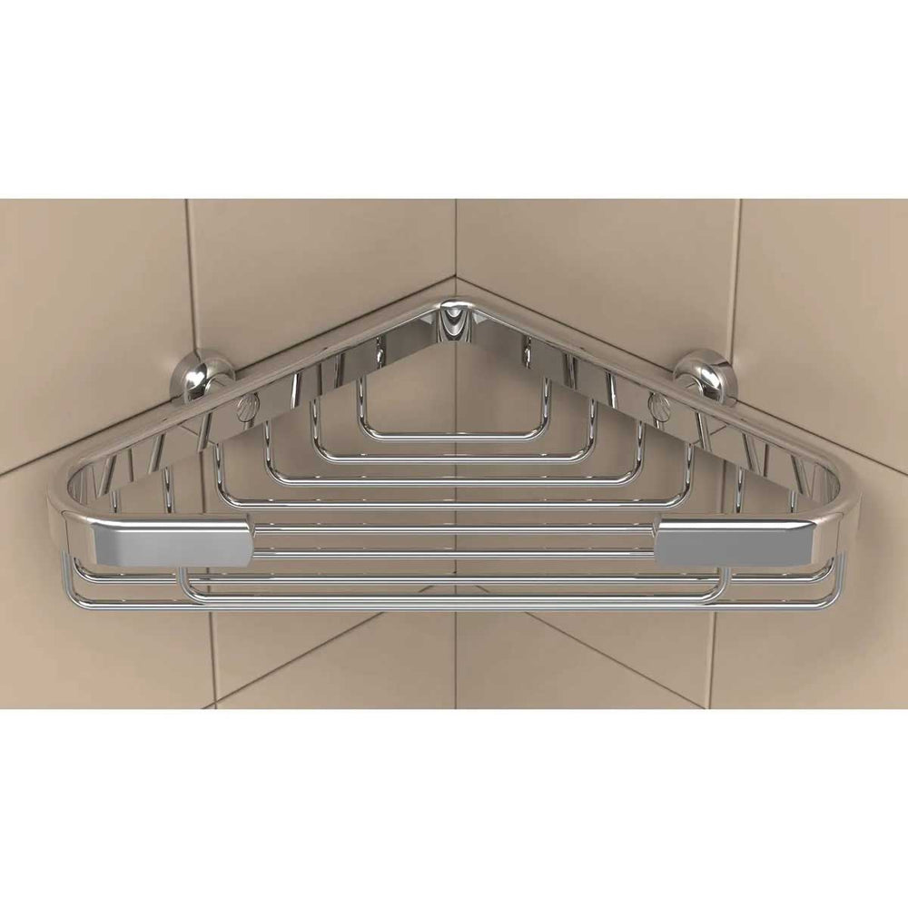 TileWare Promessa Shallow Corner Soap Basket on a beige wall tile