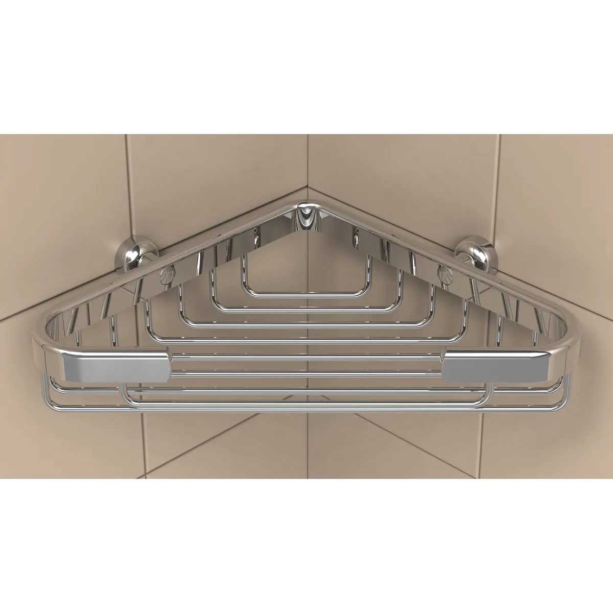 TileWare Promessa Shallow Corner Soap Basket on a beige wall tile