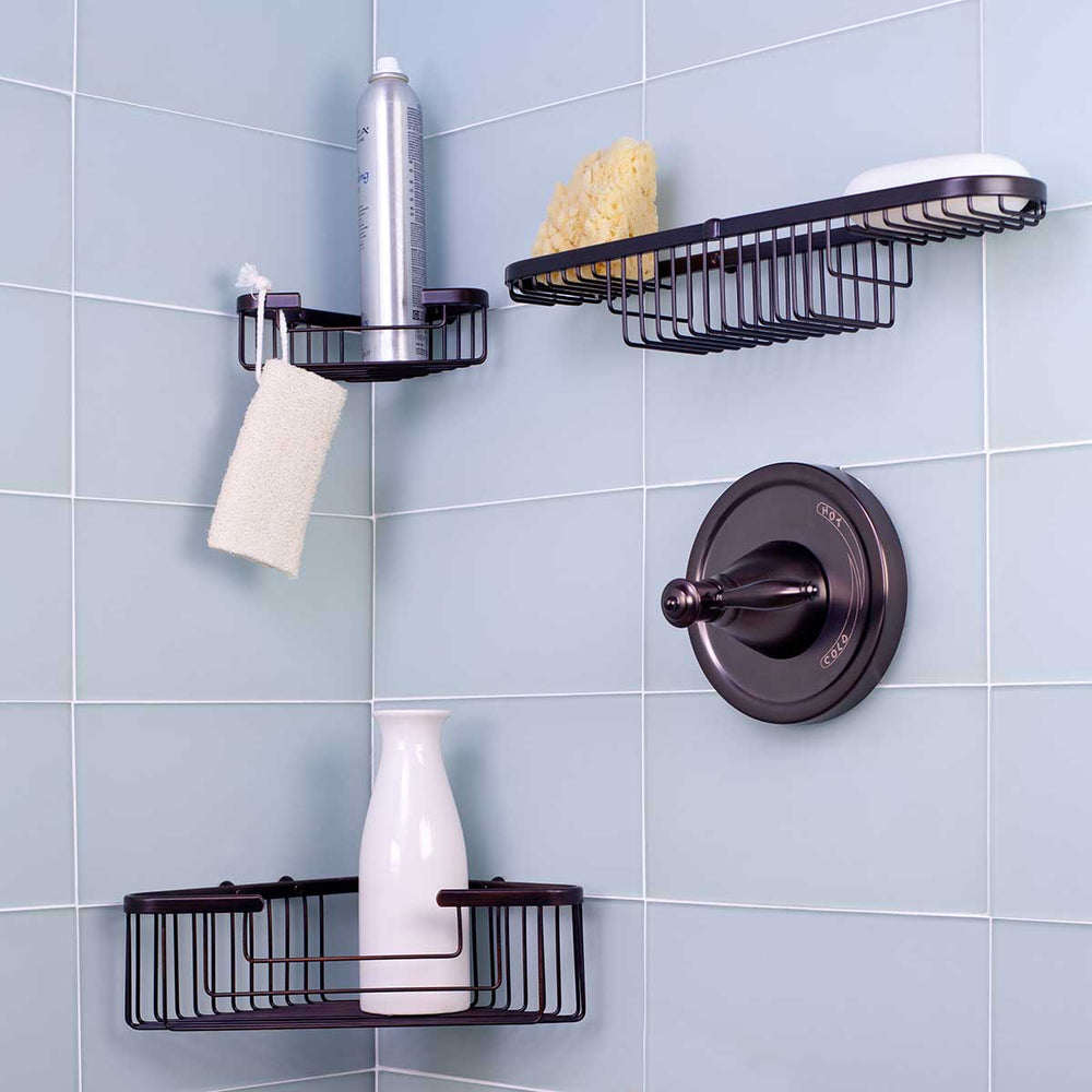 TileWare Promessa bathroom accessories show case install over blue wall tile