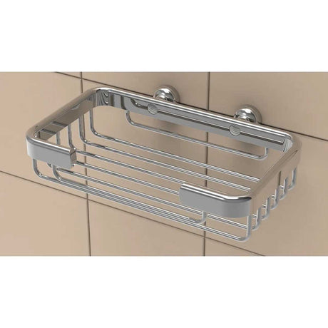 TileWare Promessa Rectangular Soap Basket Small on a beige tiled wall