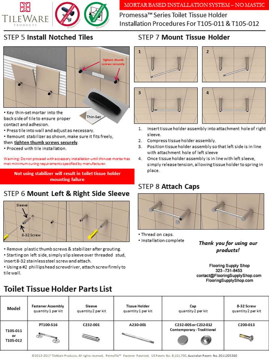 TileWare Promessa Series Toilet Paper Holders - Installation Instructions