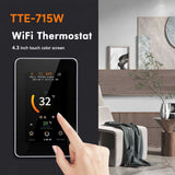 TTE-715W vertical touchscreen thermostat display with temperature and heating controls