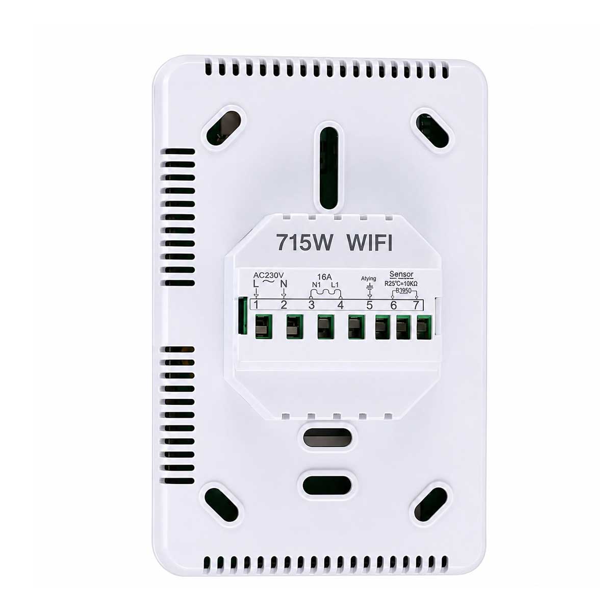 TTE-715W smart WiFi thermostat rear view with wiring terminals and floor sensor connections