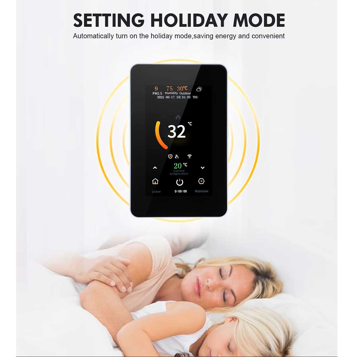 TTE-715W smart WiFi thermostat showing Holiday Mode in a bedroom