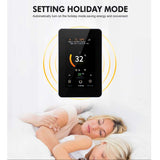 TTE-715W smart WiFi thermostat showing Holiday Mode in a bedroom
