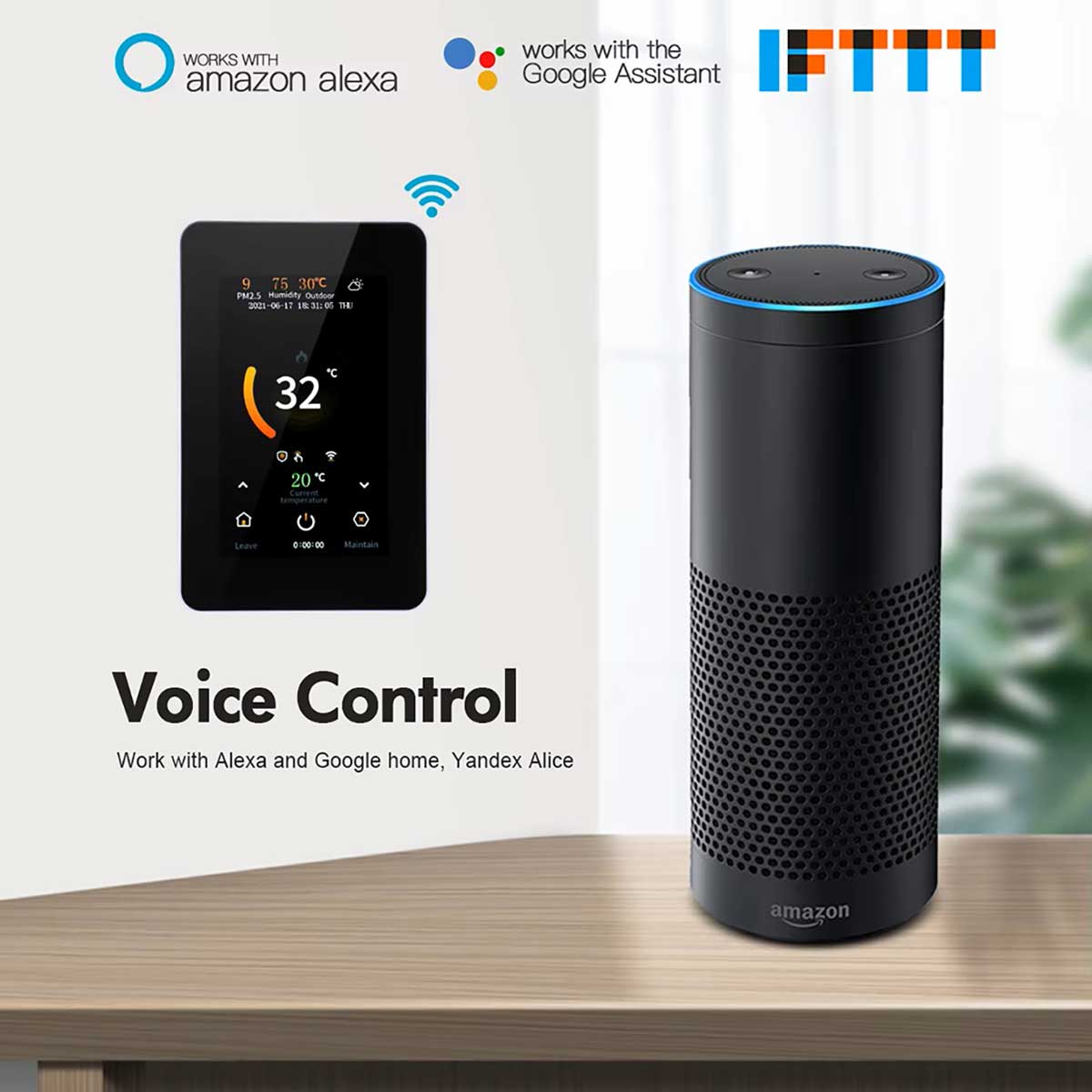 TTE-715W smart WiFi touchscreen thermostat with Alexa and Google Home voice control