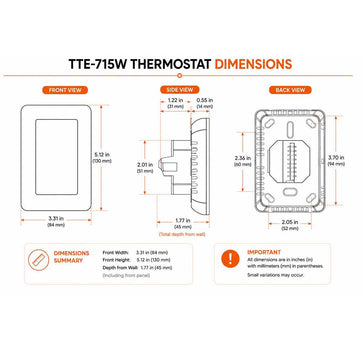 TTE-715W smart WiFi thermostat dimensions and mounting measurements