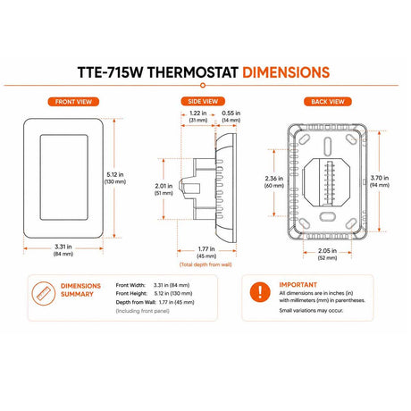 TTE-715W smart WiFi thermostat dimensions and mounting measurements