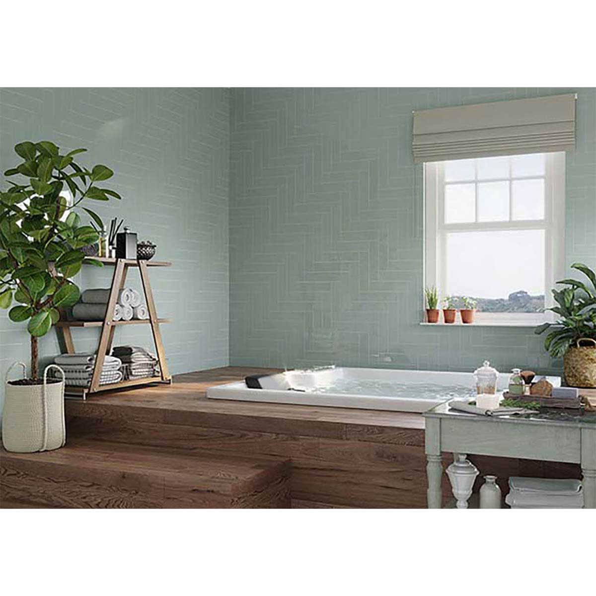 Urban Rainforest ceramic subway tile for bathroom, backsplash Modern bathroom with a bathtub, plants, and a window.