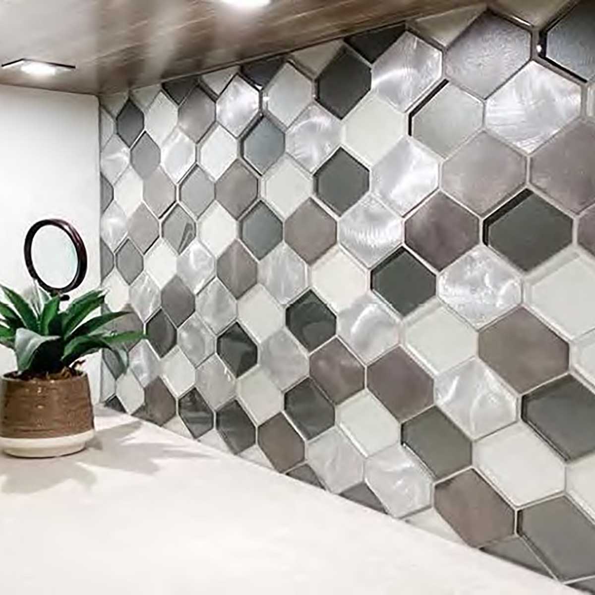 Falls Creek Blend metallic backsplash tile with polished glass