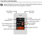 Warmup EZPT thermostat display, controls, and GFCI button locations