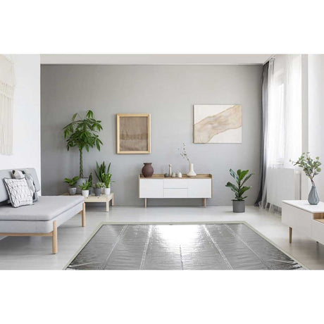 Modern living room with gray walls, white furniture, and Warmup Foil Radiant Heating System 