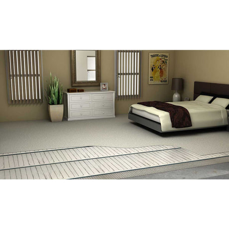 Modern bedroom with a bed, dresser, and decor items and showing Xray Warmup Foil Radiant Heating System  