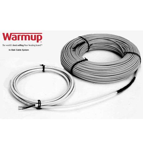 Coiled floor heating cable with 'Warmup' branding on a white background