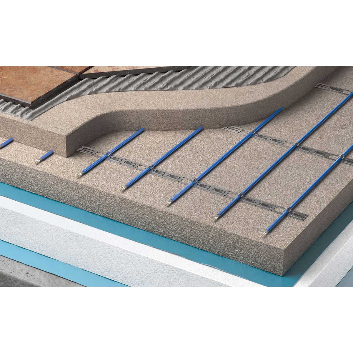 Cross-section of Warmup In-slab Heating Cable System with layers and blue rods.