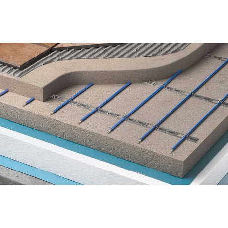 Cross-section of Warmup In-slab Heating Cable System with layers and blue rods.