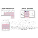 Diagram of heating mats for bathroom floor installation with text explaining usage and features.