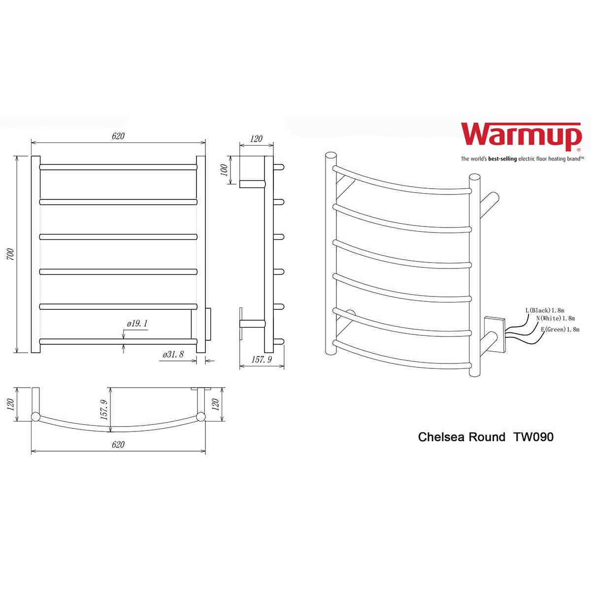 WarmUp Electric Towel Warmers Chelsea Curve n Round - TW090 PC