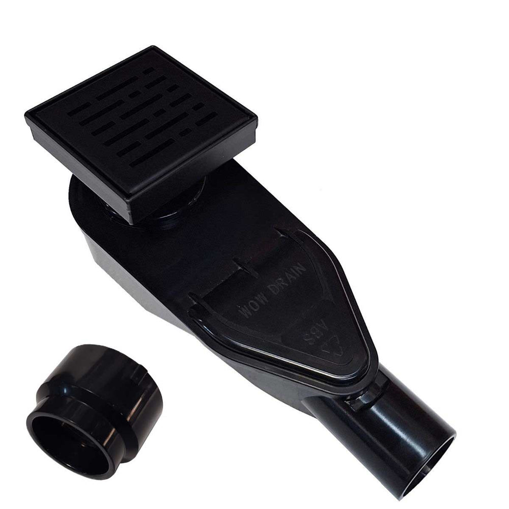 SereneDrains ABS Horizontal Side Discharge Outlet with 4 Inch Square Shower Drain Low Profile Assembly Reducer PVC Base Pipe Fitting P Trap