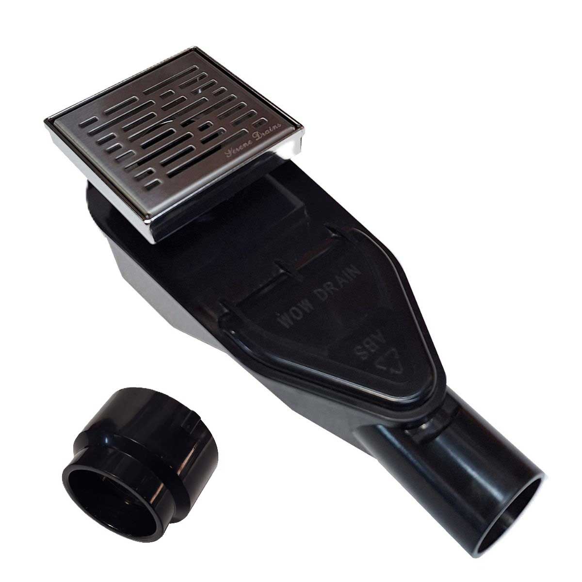 SereneDrains Wow Drain TM Side Discharge Outlet with 4 Inch Square Shower Drain Horizontal Low Profile