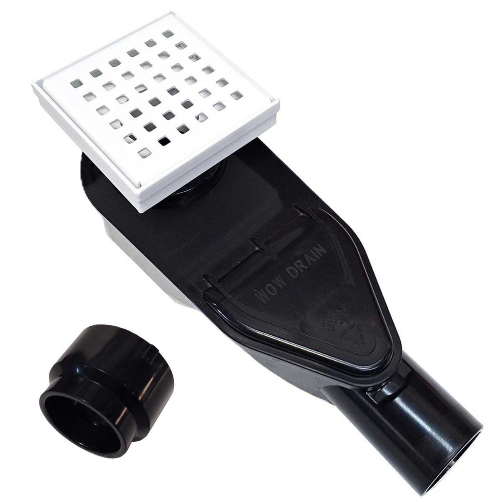 SereneDrains ABS Horizontal Side Discharge Outlet with 4 Inch Square Shower Drain Low Profile Assembly Reducer PVC Base Pipe Fitting P Trap