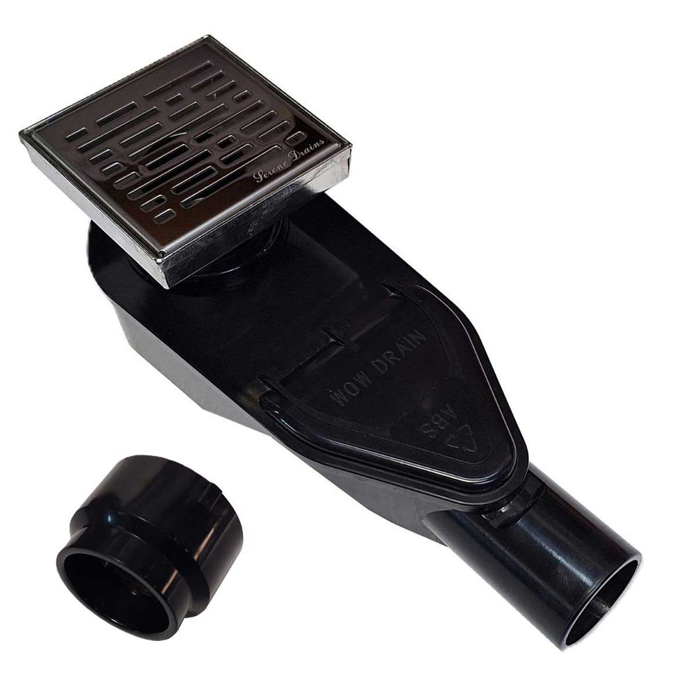 SereneDrains ABS Horizontal Side Discharge Outlet with 4 Inch Square Shower Drain Low Profile Assembly Reducer PVC Base Pipe Fitting P Trap