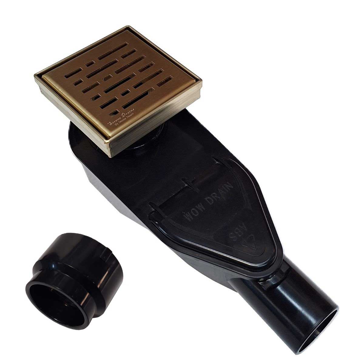 SereneDrains Wow Drain TM Side Discharge Outlet with 4 Inch Square Shower Drain Horizontal Low Profile