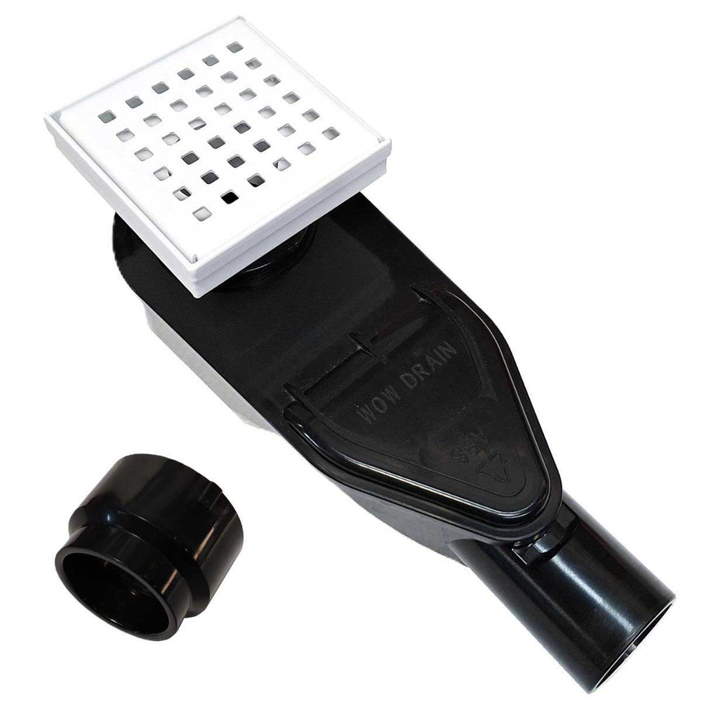 SereneDrains Wow Drain TM Side Discharge Outlet with 4 Inch Square Shower Drain Horizontal Low Profile