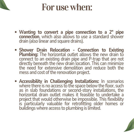 Text explaining use cases for converting pipe connections and shower drain relocation on a white background with green leaves.