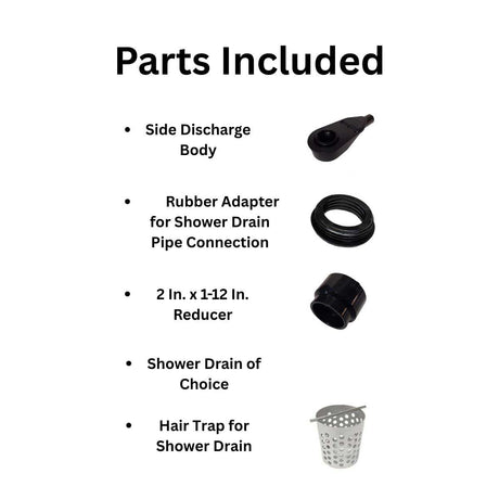 List of parts included for a shower drain system on a white background