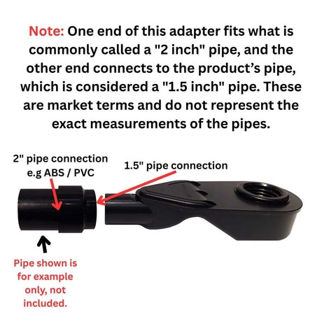 Black ABS discharge and pipe reducer with dimensions labeled on a white background