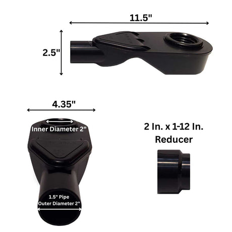 Black ABS discharge drain and pipe reducer with dimensions labeled on a white background